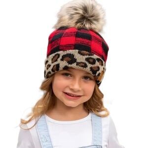 Panache Kids Red Buffalo Plaid With Leopard Trim Knit Beanie Hat